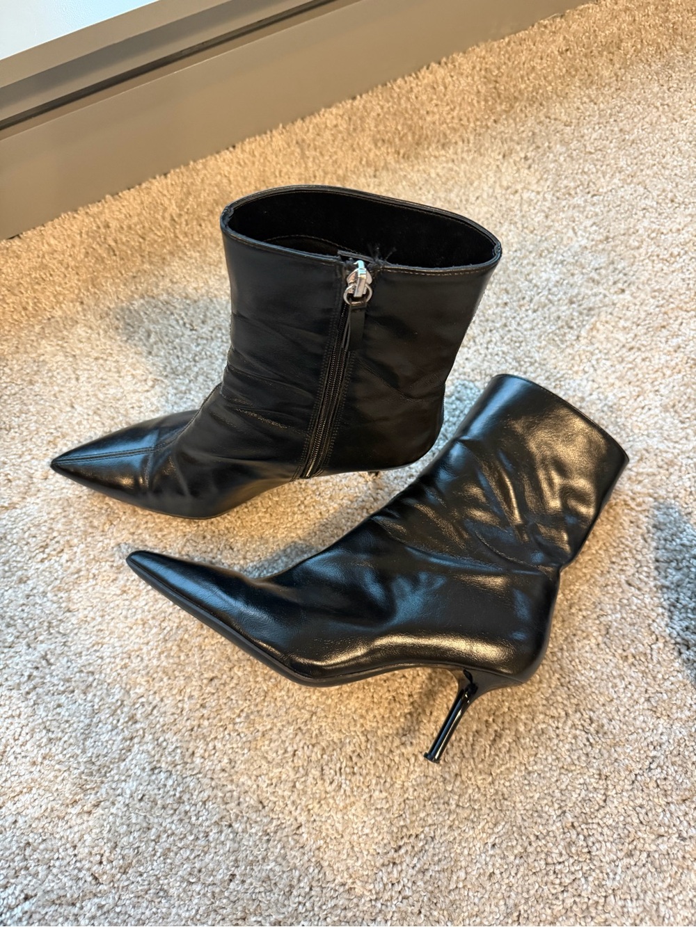 Zara Black Pointed-Toe Mid-Calf Stiletto Boots with Side Zip